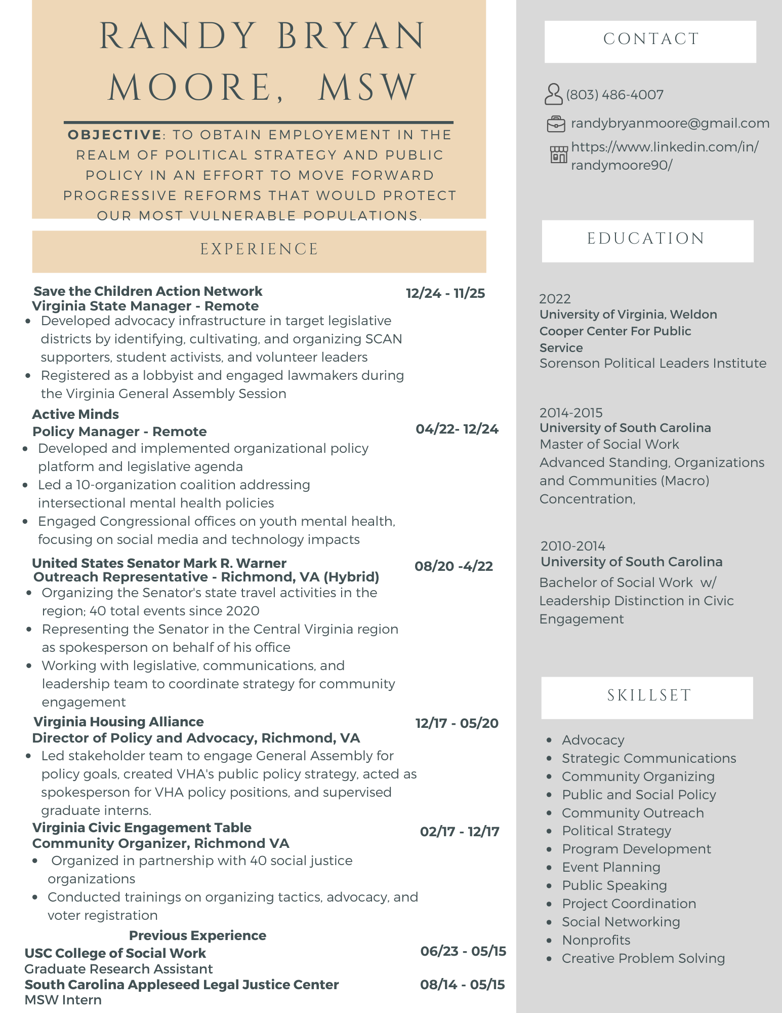 A professional resume for Randy Bryan Moore, MSW. The resume features sections for contact information, education, experience, and skills. The experience includes roles such as Virginia State Manager, Policy Manager, Outreach Representative, and Director of Policy and Advocacy. The education section lists degrees from the University of Virginia and the University of South Carolina. Skills include advocacy, strategic communications, community organizing, and public policy.