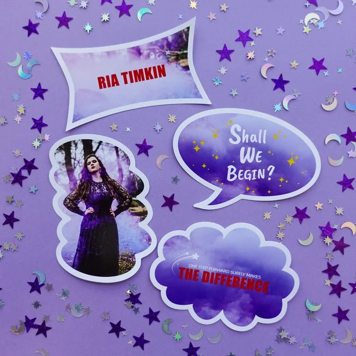 Purple background decorated with star and moon confetti, featuring a woman in a purple dress and makeup, along with speech and thought bubbles containing text about starting a journey and making a difference.