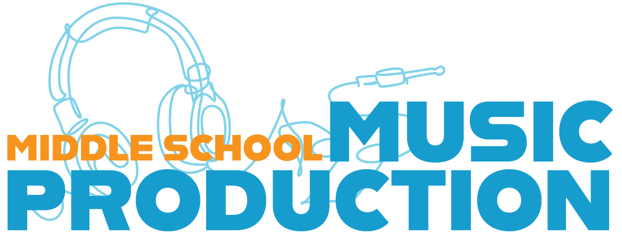 Graphic for middle school music production, featuring a background outline of headphones and microphone
