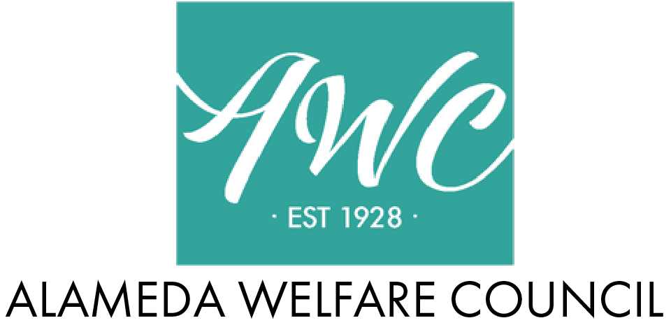 Logo for Alameda Welfare Council with stylized initials, 'AWC', and 'Est 1928' on a teal background.