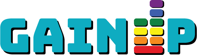 The word 'GAIN' in blue and the letter P, with a colorful equalizer graphic in between.