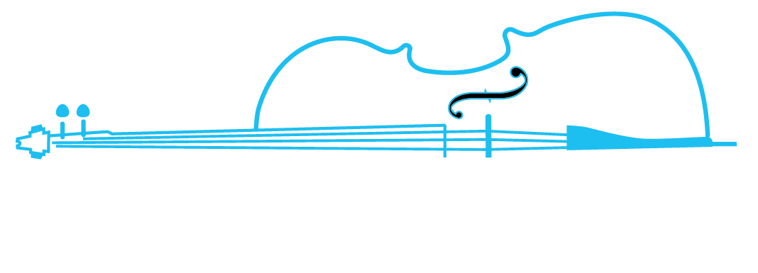 Logo for BAMP Cello Academy featuring a stylized blue cello with a bow, and the academy's name in bold white letters.