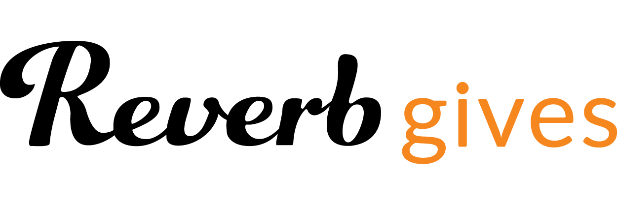 Reverb Gives logo with stylized text, 'Reverb' in black cursive and 'gives' in orange lowercase letters.