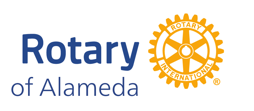 Logo of Rotary of Alameda with a gold gear wheel emblem and blue text on a white background.