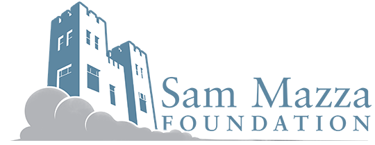 Illustration of a castle atop a hill with clouds, alongside the text "Sam Mazza Foundation."