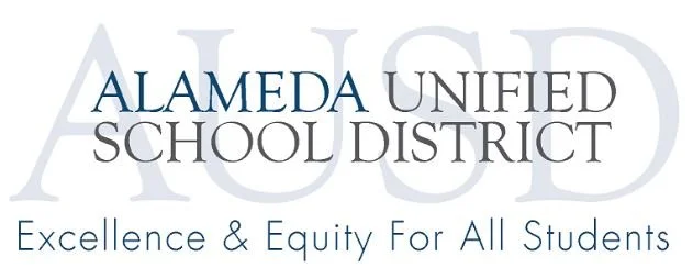 Logo of Alameda Unified School District with the slogan 'Excellence & Equity For All Students'.