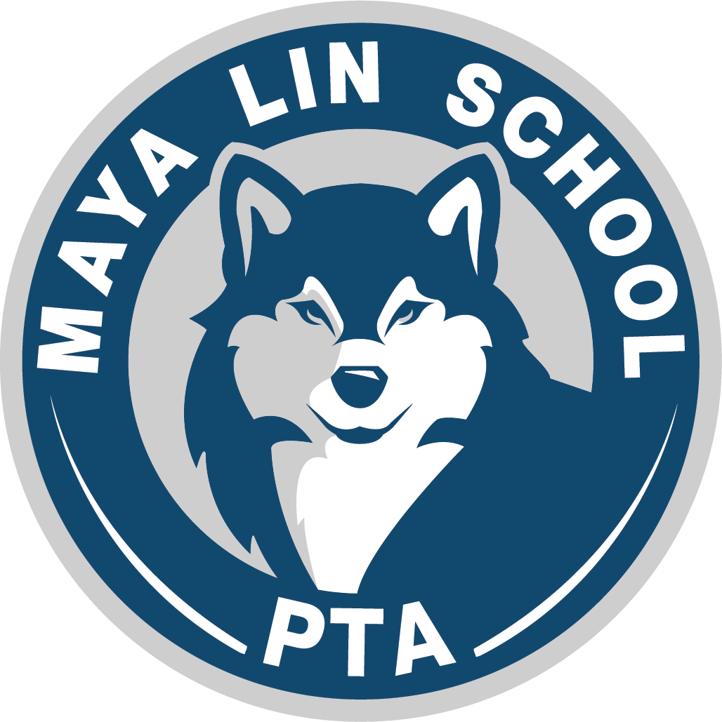A circular logo with a husky dog in the center, surrounded by the text 'MAYA LIN SCHOOL PTA' on a blue and gray background.