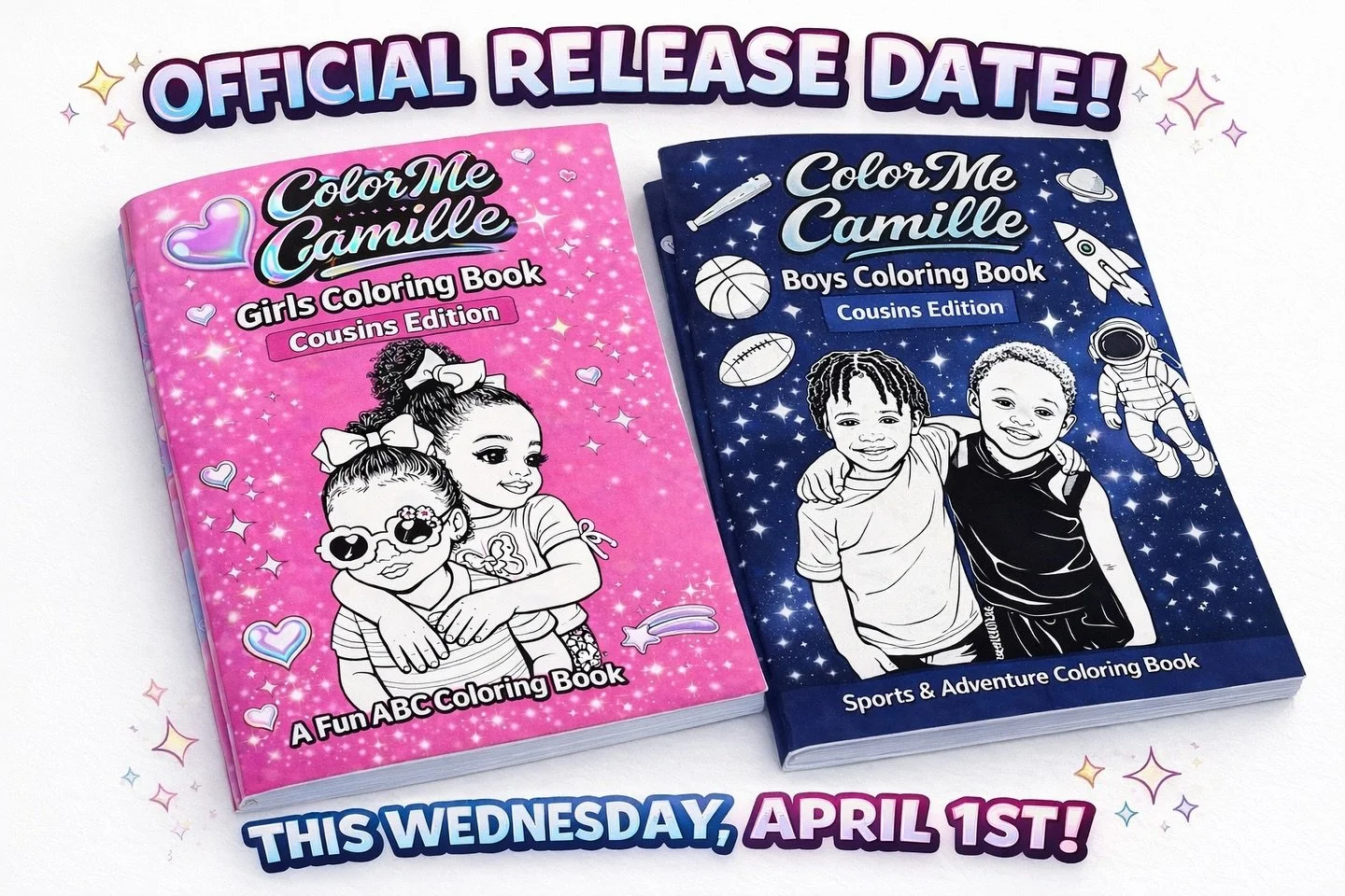 IT&rsquo;S OFFICIAL 👀✨

The Color Me Camille Cousins Coloring Books are dropping
THIS WEDNESDAY, APRIL 1ST 💕💙

I&rsquo;ve been working on these with so much love, creativity, and intention&hellip; and seeing it all come together like this? 🥹✨
Yea