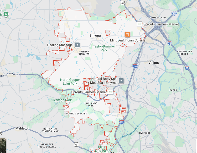 Garage door repair service area map in Smyrna GA