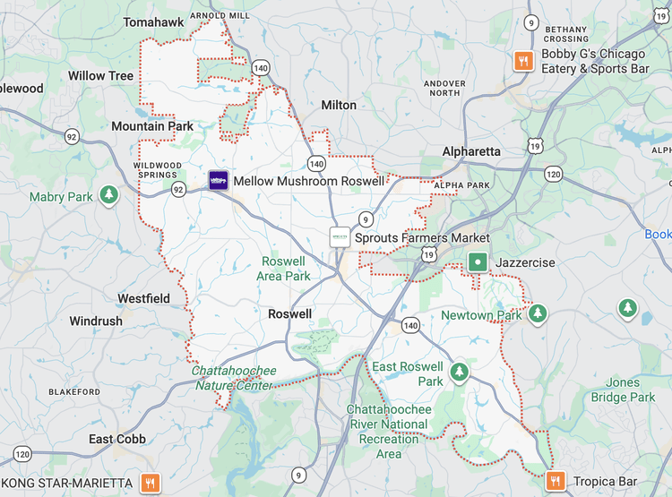 Garage door repair service area map in Roswell GA