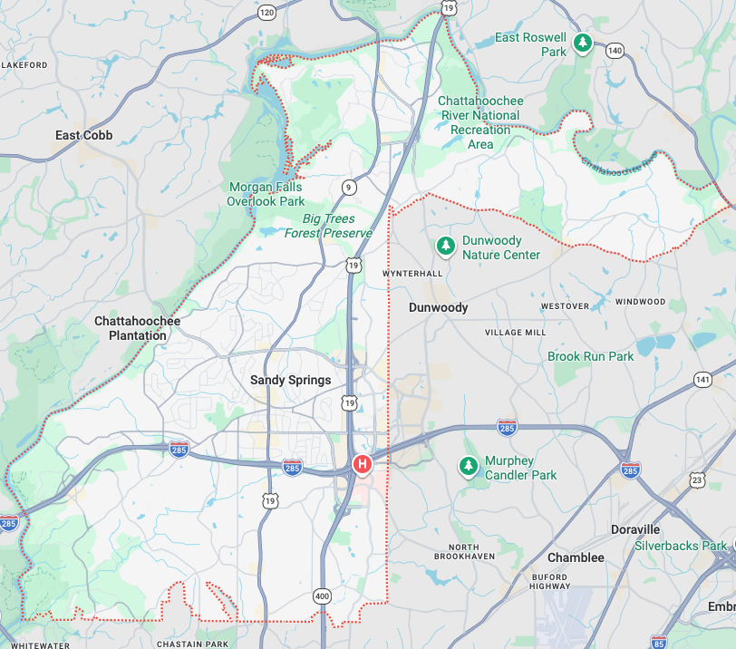 Garage door repair service area map in Sandy Springs GA