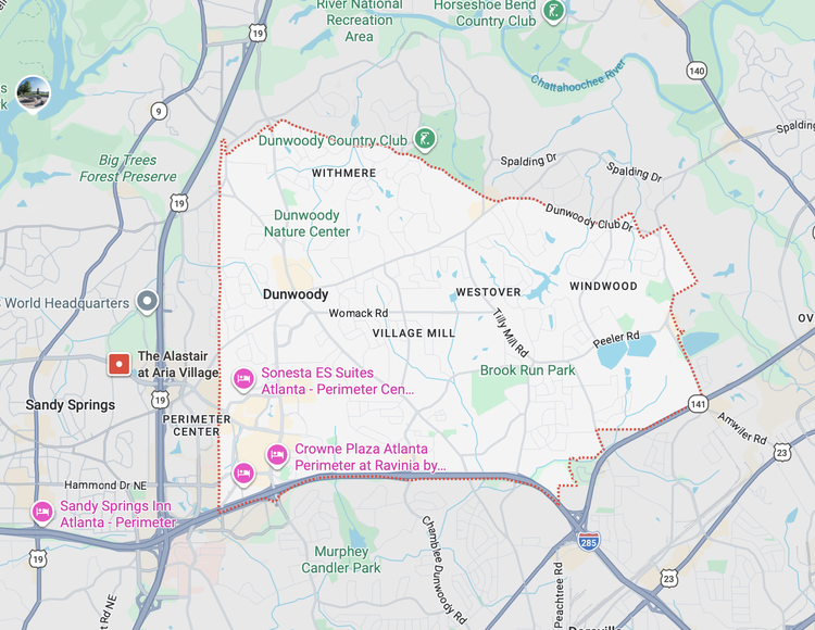 Garage door repair service area map in Dunwoody GA