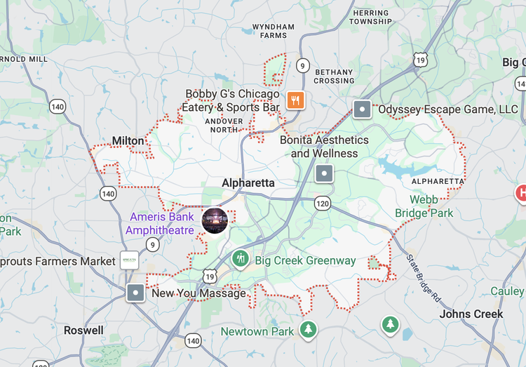 Garage door repair service area map in Alpharetta GA