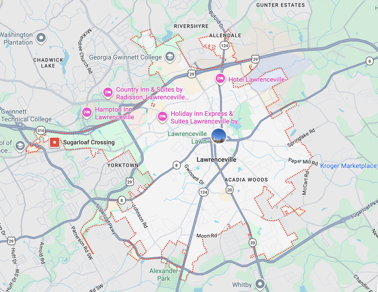 Garage door repair service area map in Lawrenceville GA