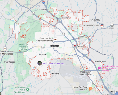 Garage door repair service area map in Marietta GA