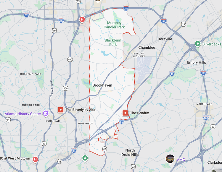 Garage door repair service area map in Brookhaven GA