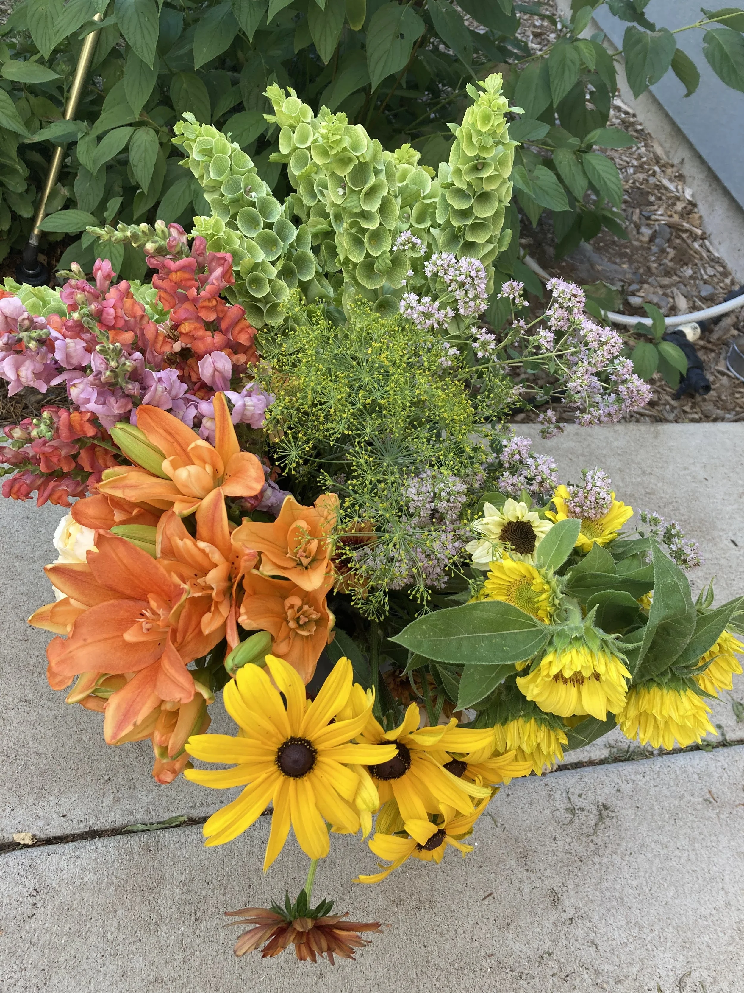 Large bucket of flowers, lilies, rudbeckia, bells of ireland, snapdragons, sunflowers