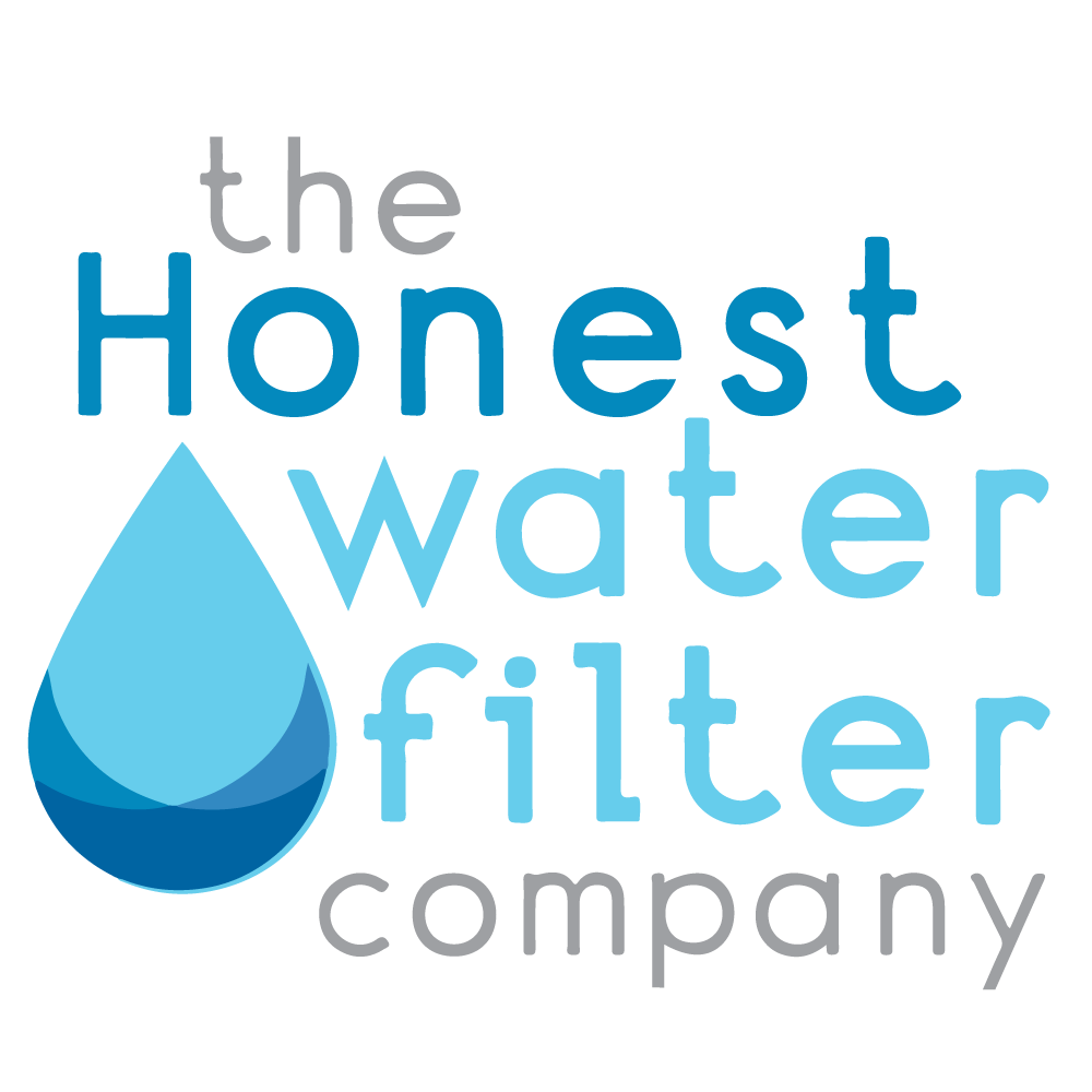 Logo for The Honest Water Filter Company featuring a blue water droplet and blue and gray text.