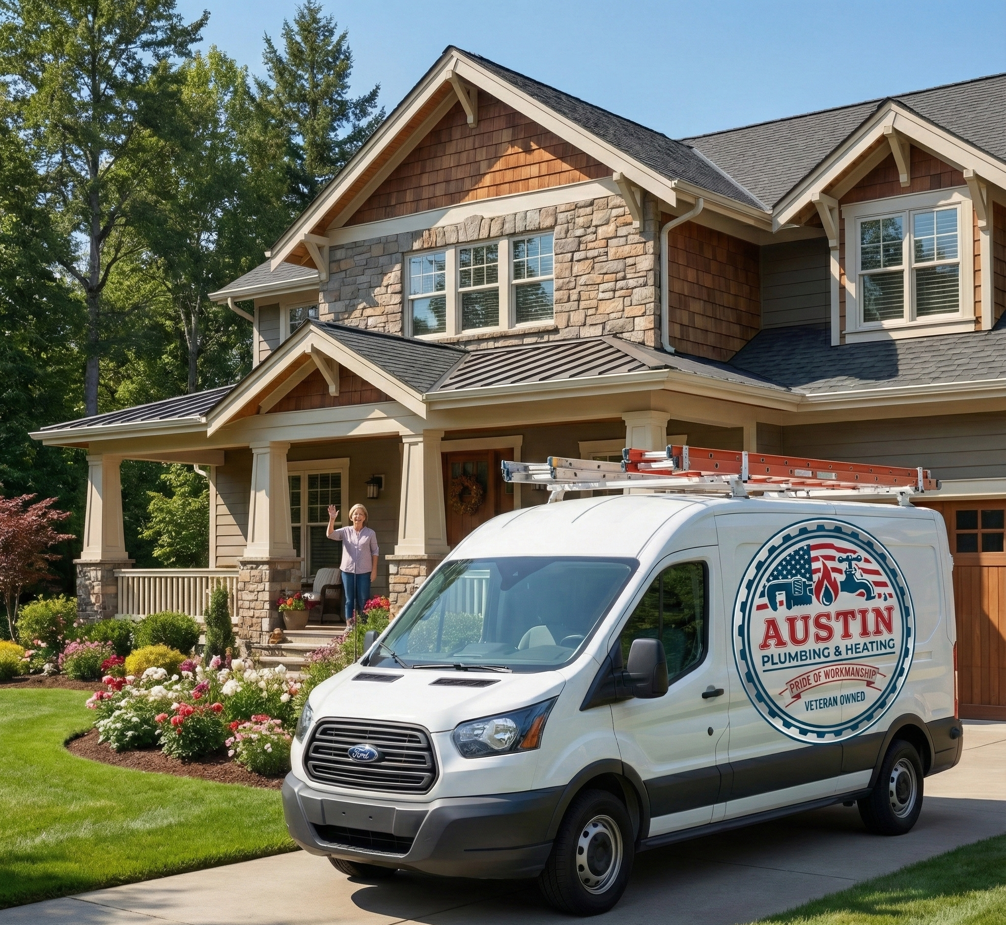A homeowner waves from the front porch of a two-story house with a landscaping garden, while a white plumbing service van with 'Austin Plumbing & Heating' logo is parked in the driveway.