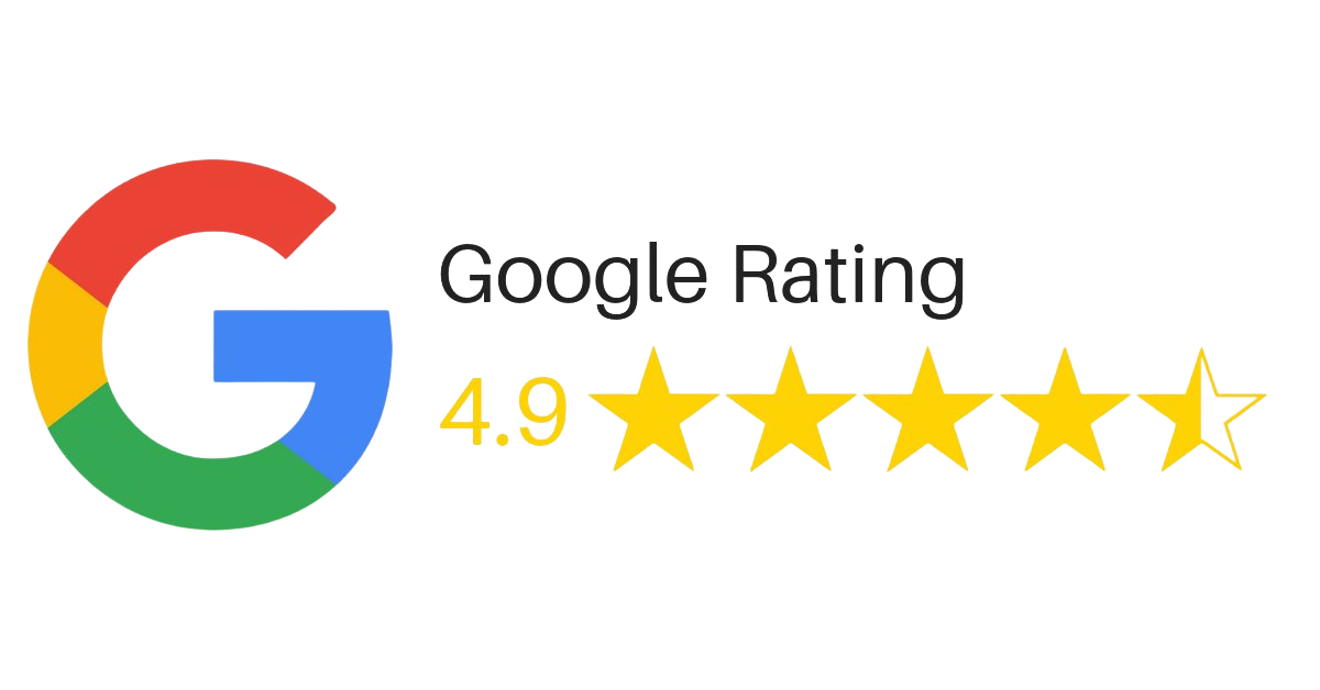 Google review showing a 4.9-star rating with four and a half yellow stars, behind the words 'Google Rating' on a red and gray background.