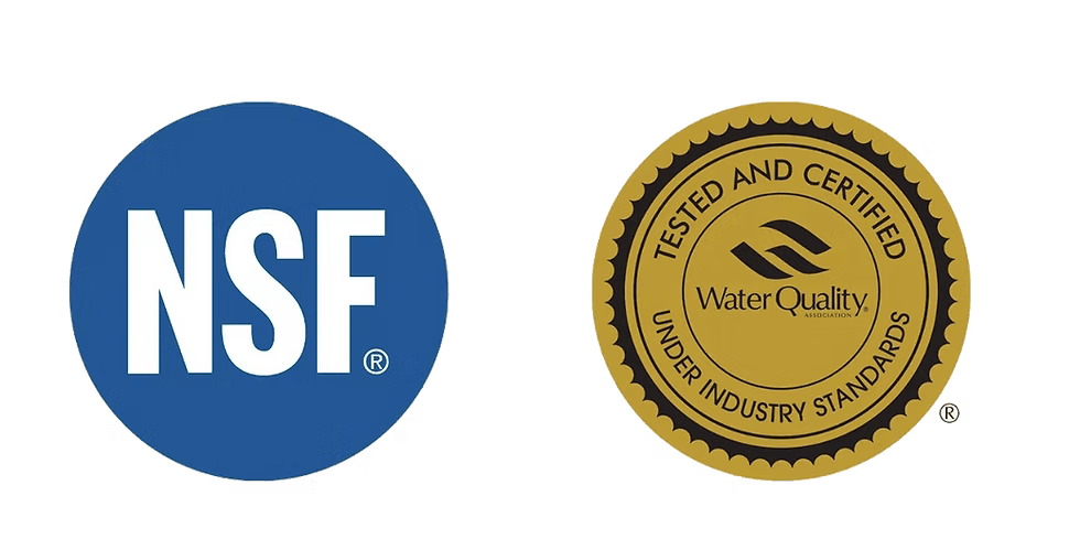 NSF certification logo next to a gold seal indicating water quality testing and industry standards