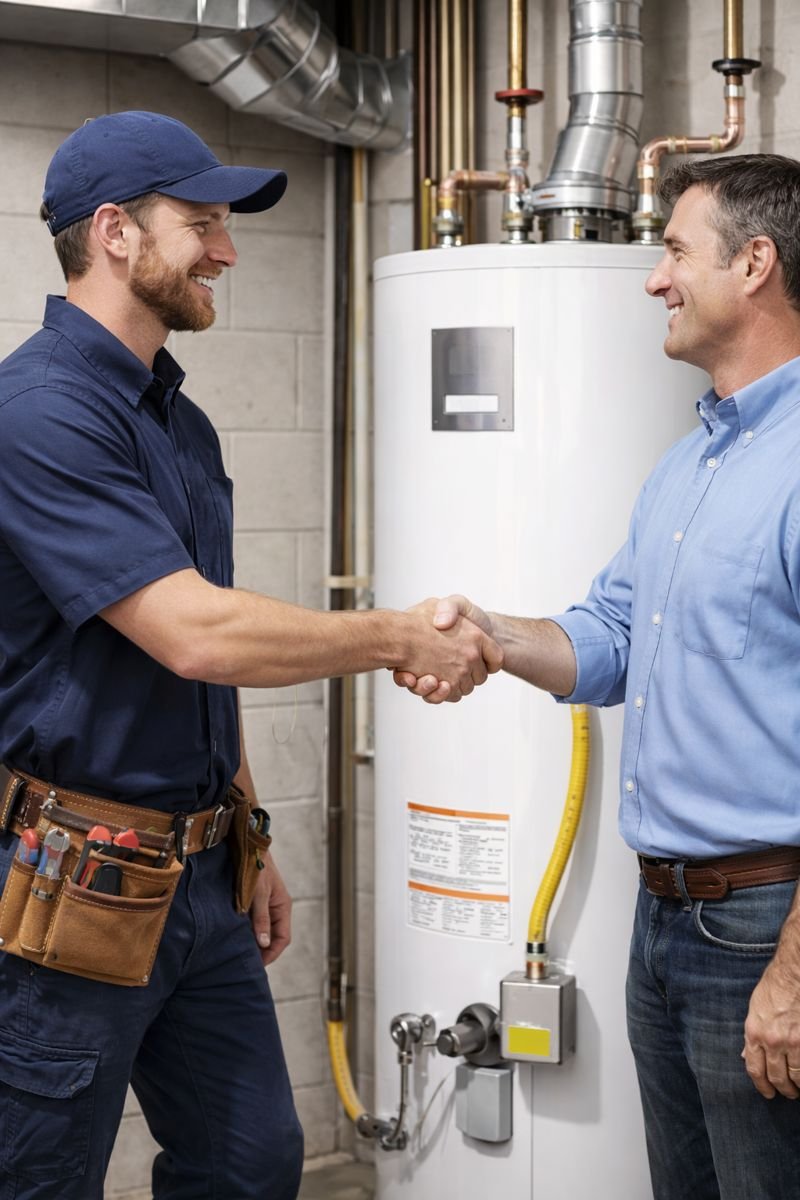 Two men shaking hands in a utility room with a water heater and pipes in the background.