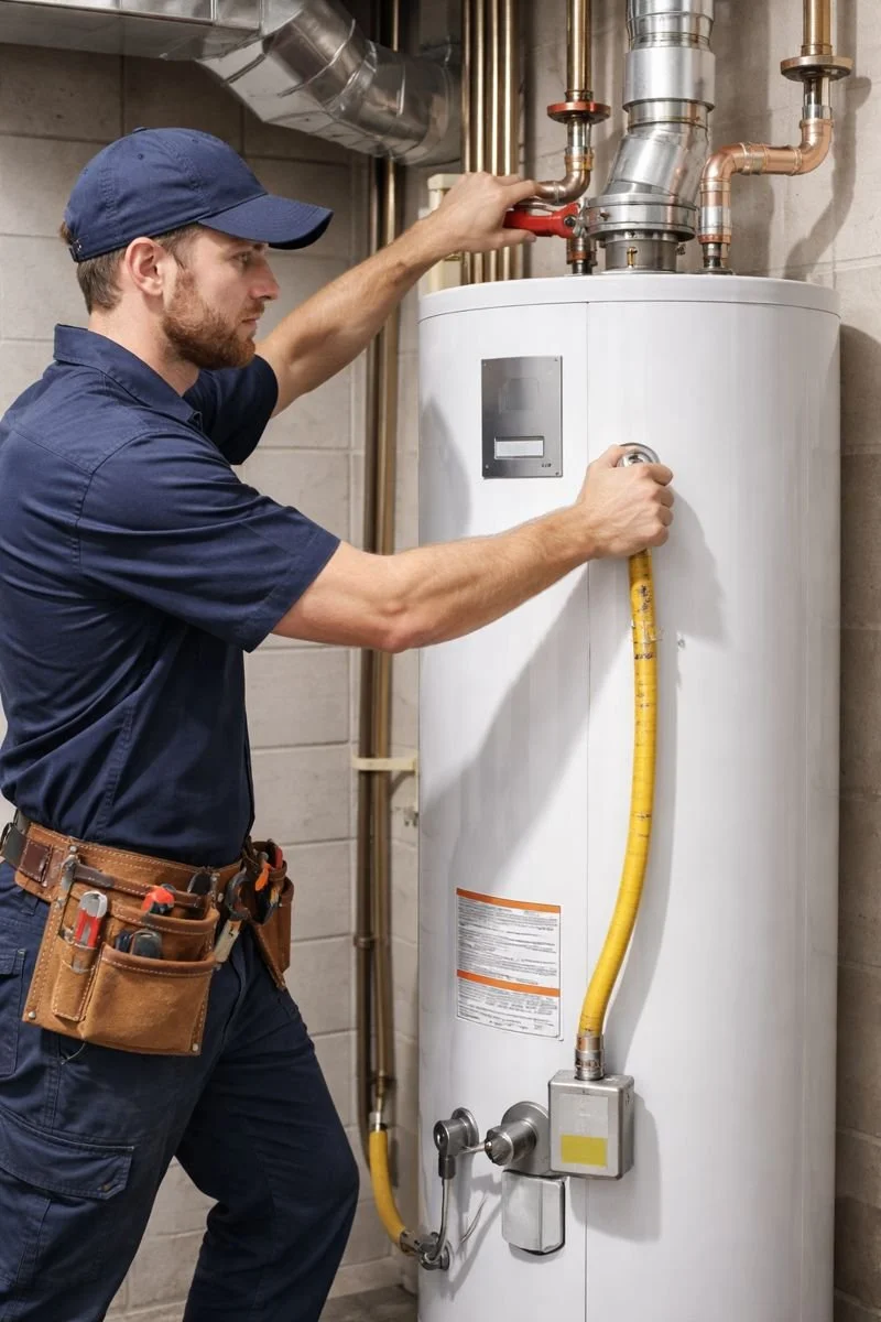 A technician adjusting a water heater in a utility room.