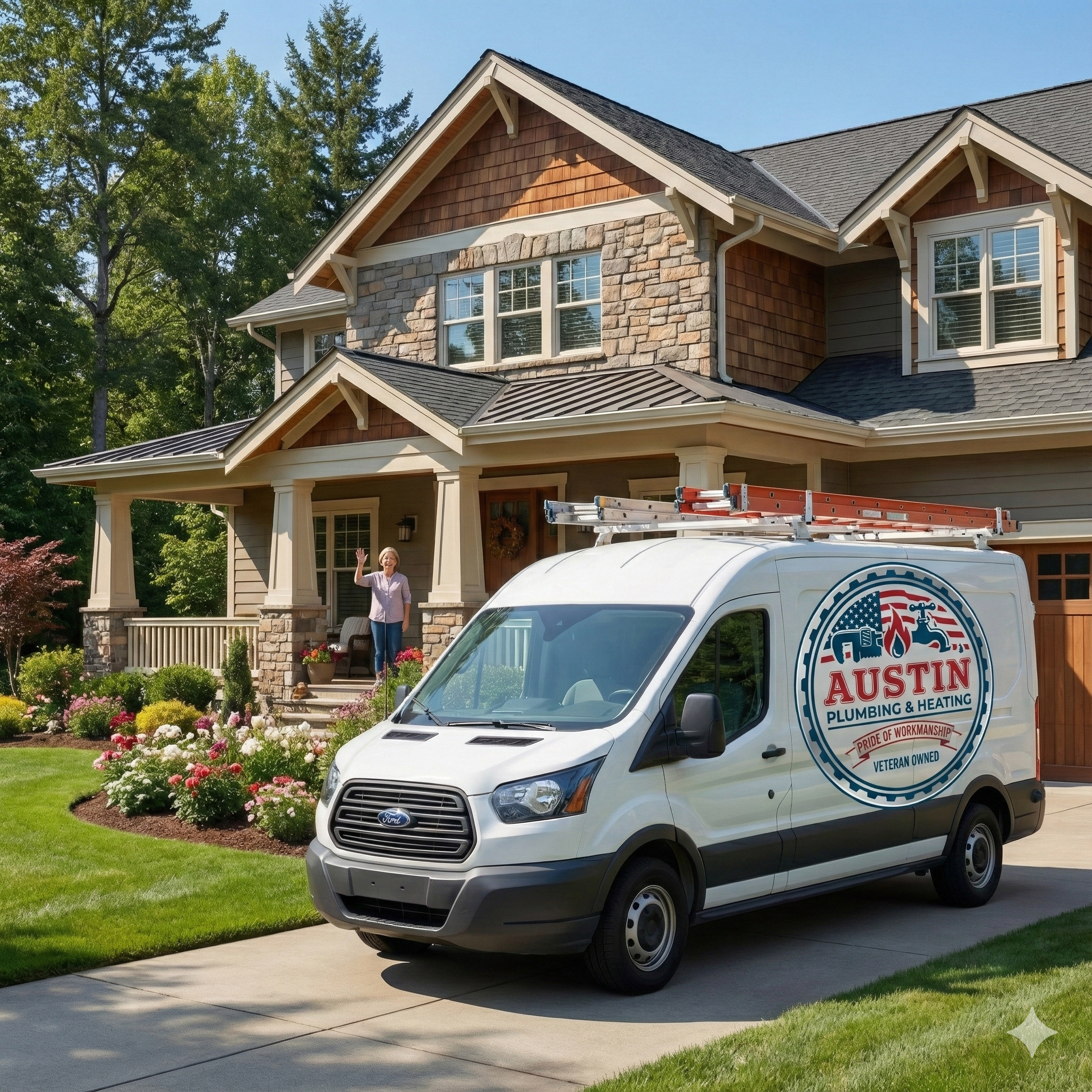 A house with a front porch, garden, and a woman waving from the porch. A white service van with plumber and heating logos is parked in the driveway.