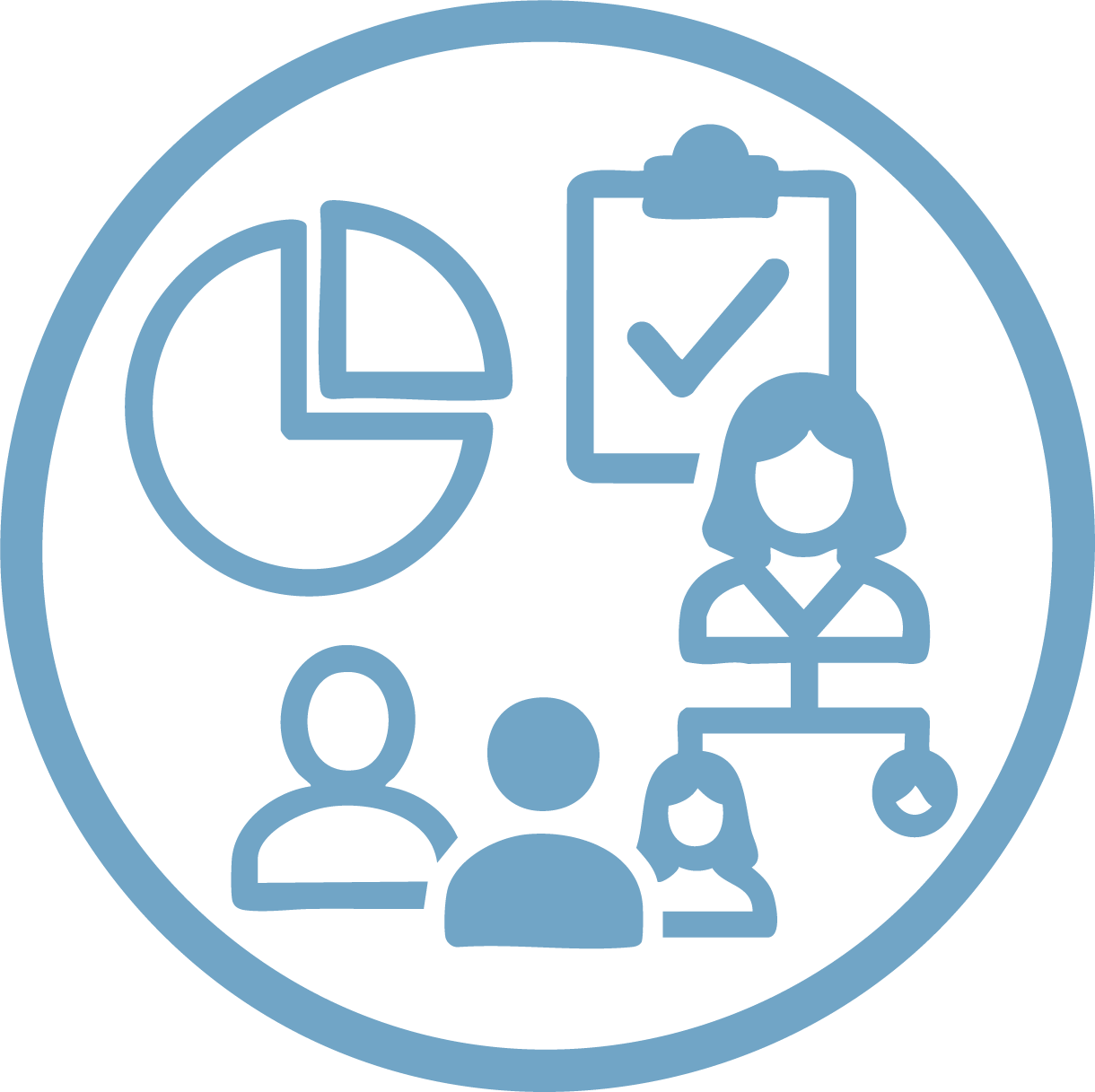 Business analysis icon with pie chart, clipboard with checkmark, and people figures.