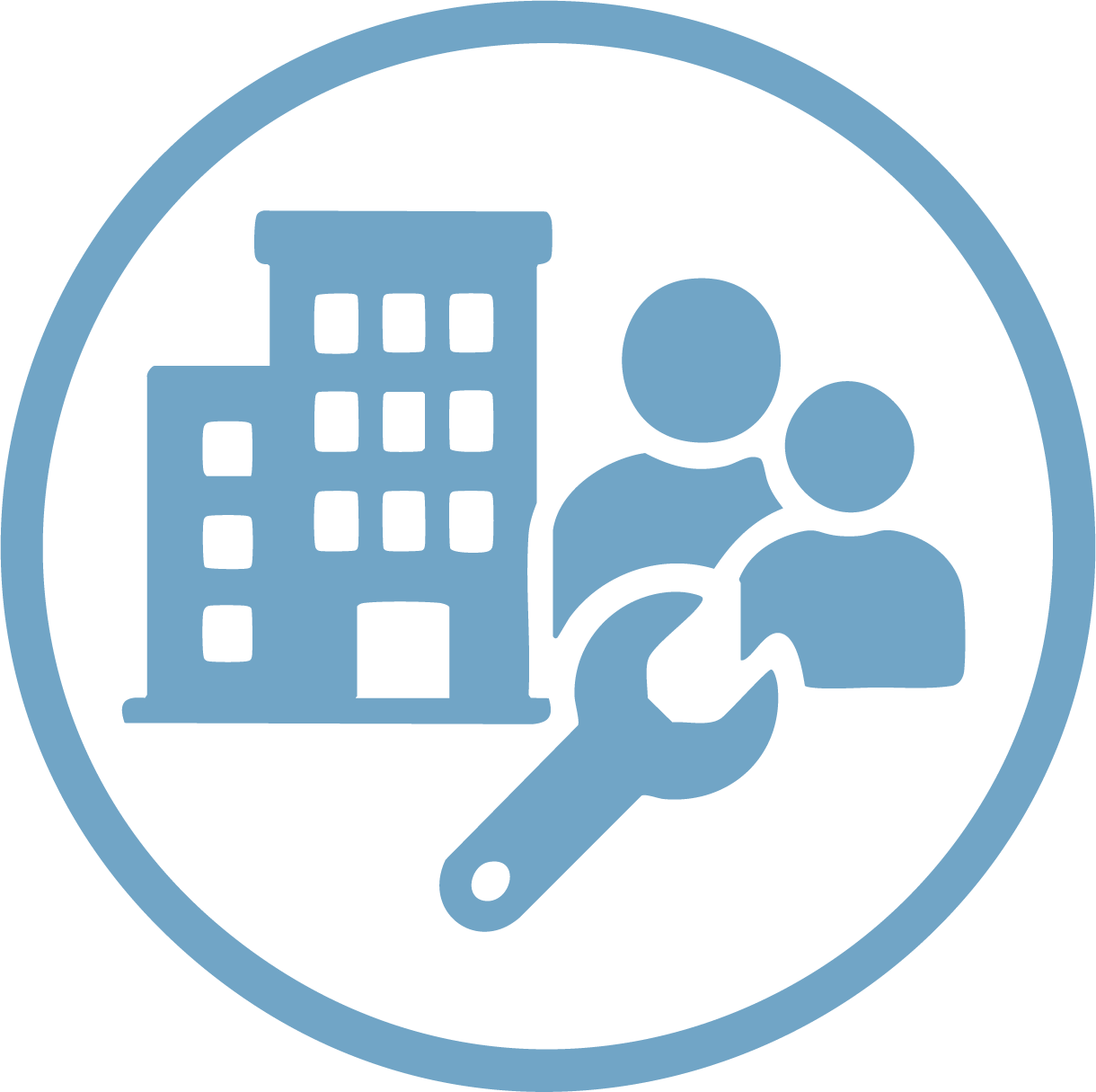 Icon of two people, a building, and a wrench inside a circular border.