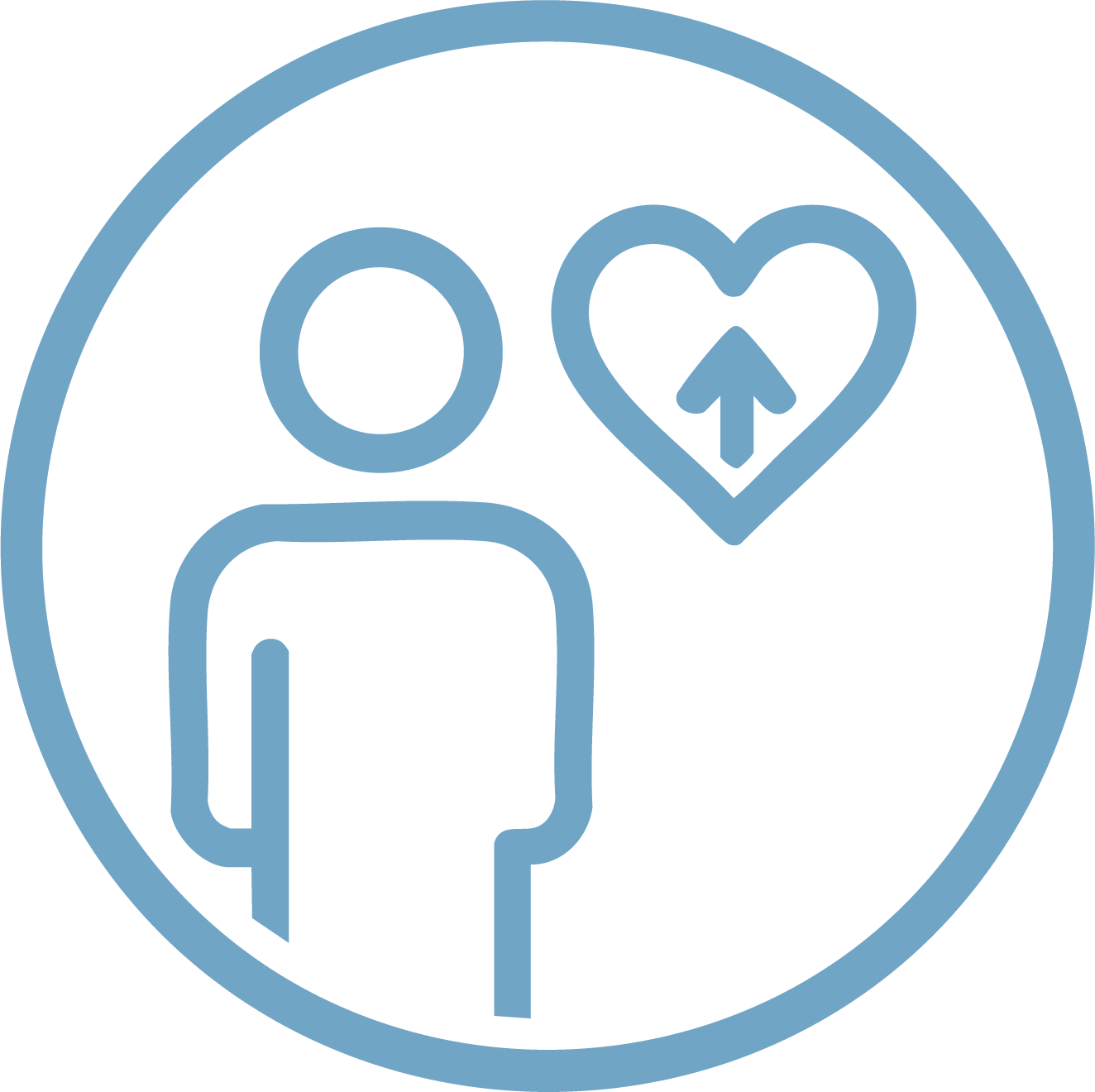 A simple graphic of a person with a heart and upward arrow inside it, representing health or wellness.