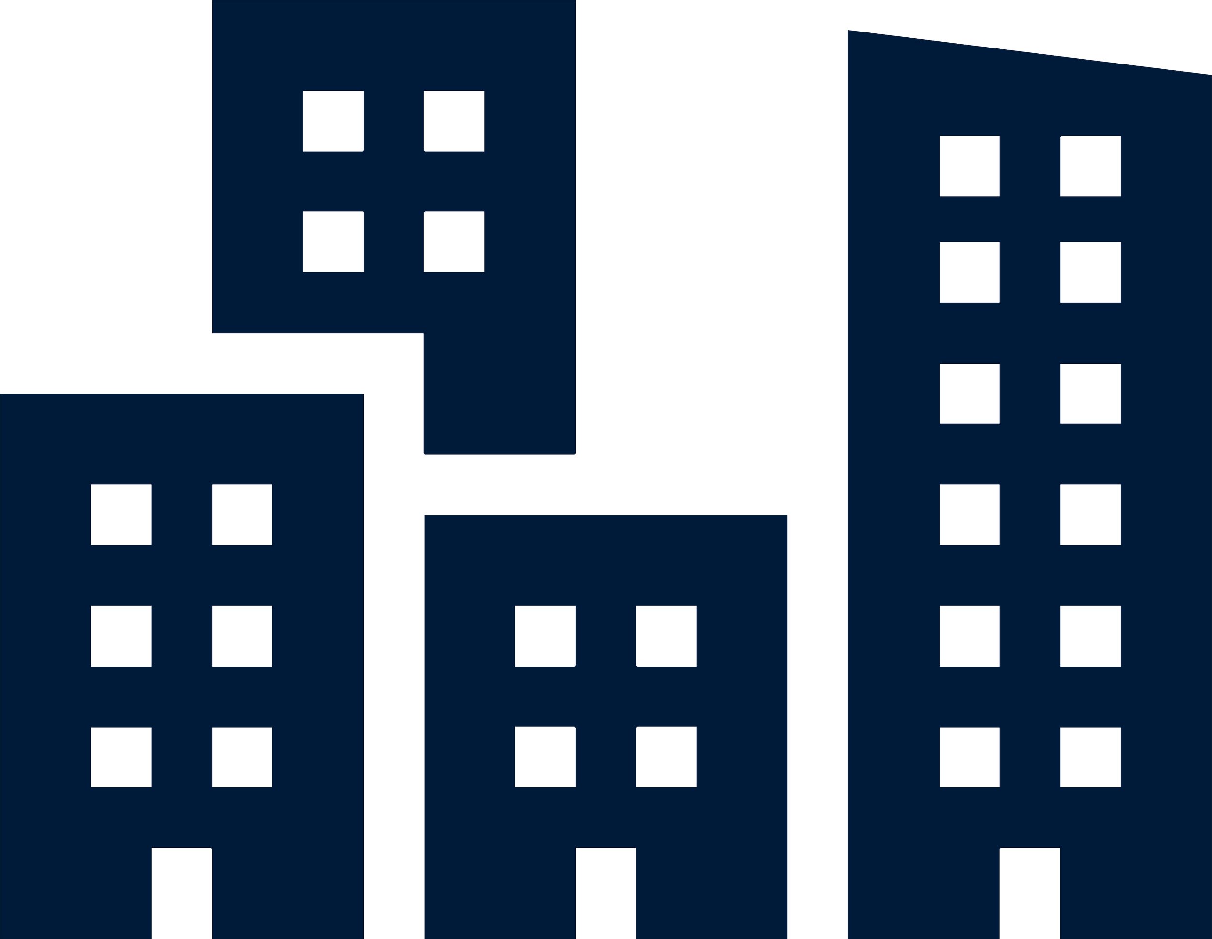Nighttime cityscape with six tall dark blue buildings, each with multiple windows, missing visible street or sky elements.