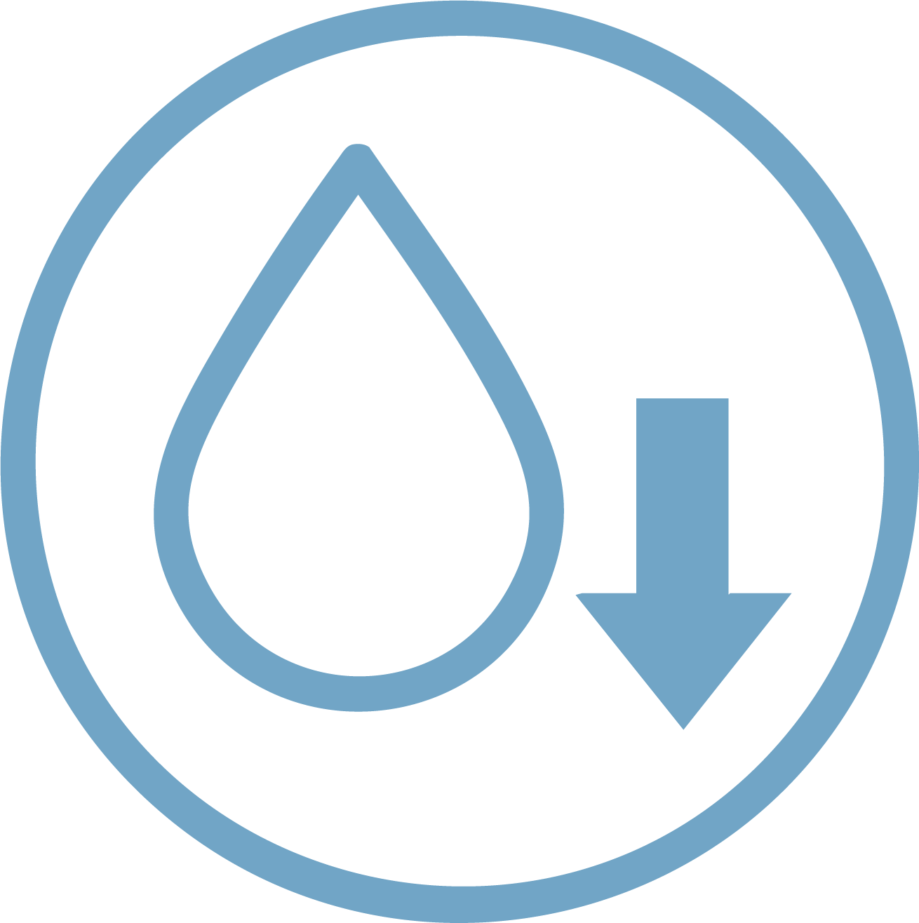 A blue icon of a water droplet with a downward arrow inside a circle.