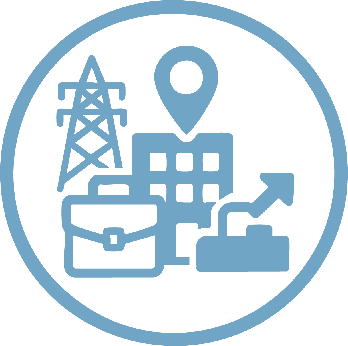 Icon depicting telecommunications, business, and data growth with a transmission tower, briefcase, building, upward arrow, and location marker.