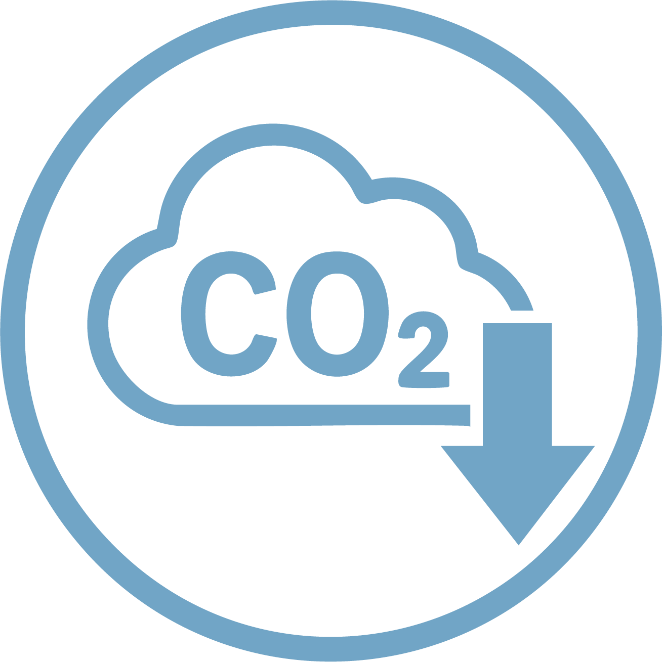 Cloud with 'CO2' inside and a downward arrow, indicating carbon dioxide reduction.