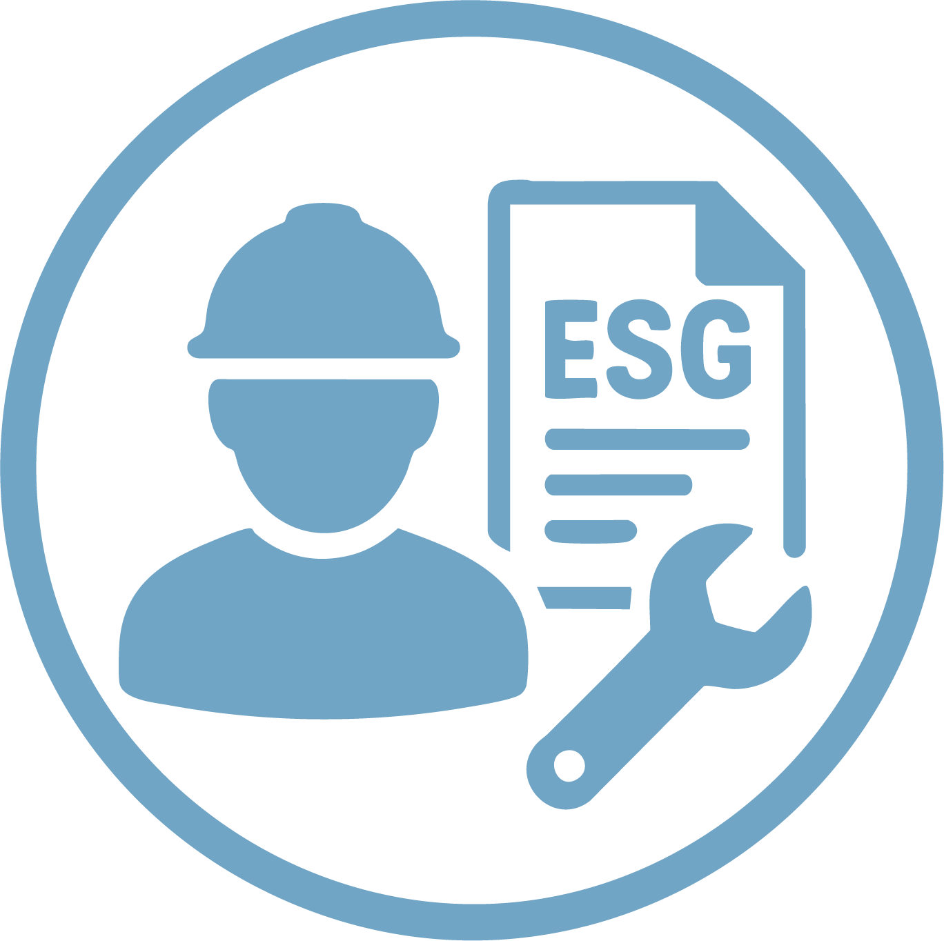 Icon of a person wearing a hard hat, a document labeled 'ESG' with lines of text, and a wrench.