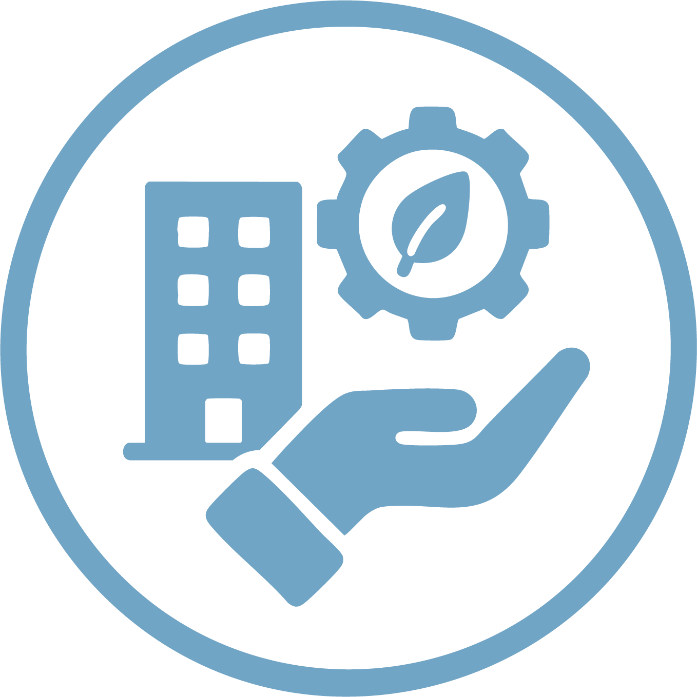 Icon depicting a hand holding a gear with a leaf in the center, a building, and a gauge, representing environmental management or sustainability in urban settings.
