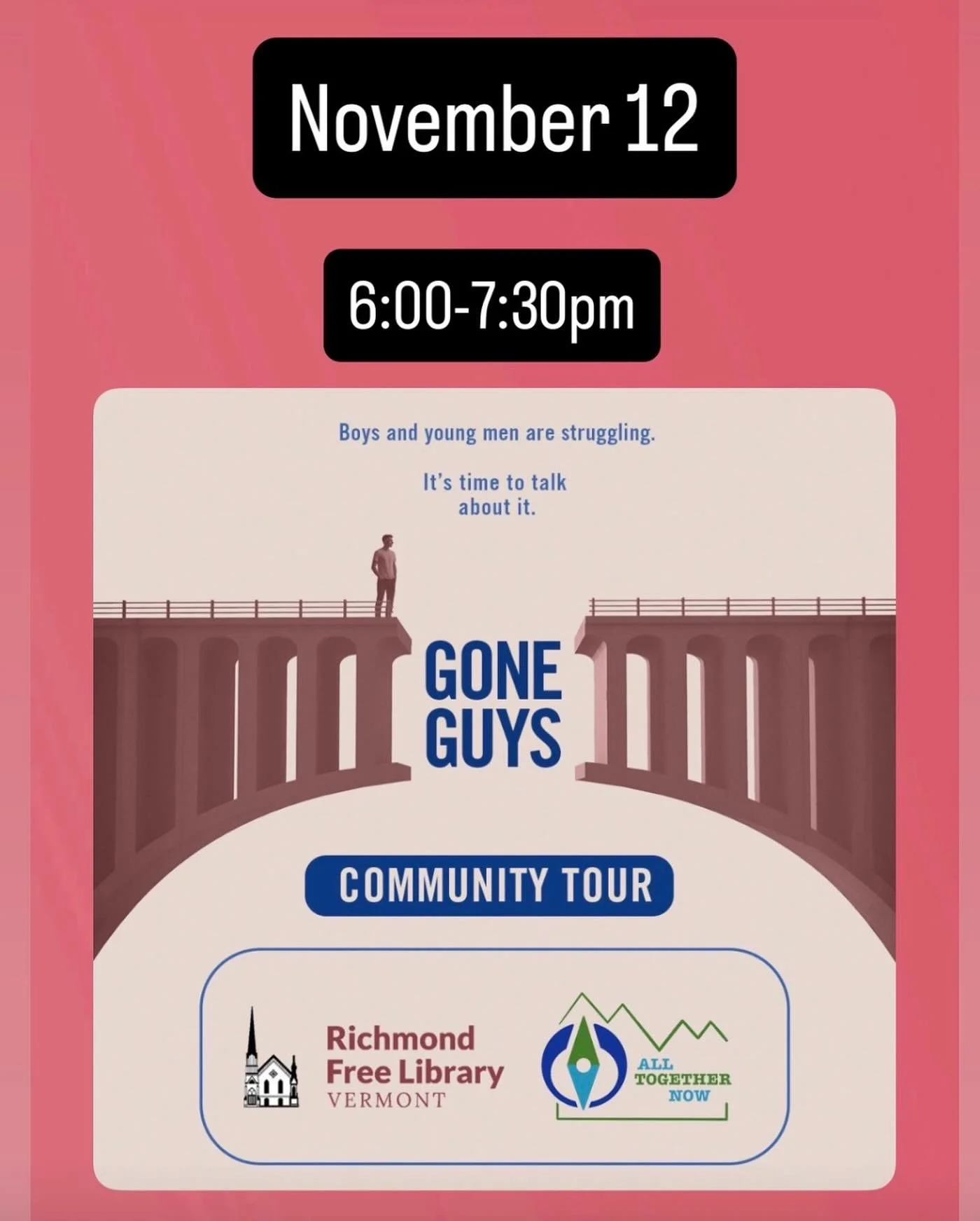 Gone Guys Community-Hosted Screening in Richmond, VT. Want to bring the conversation to your community? Visit GoneGuysFilm.com/#host &amp; fill out the &ldquo;Host a Screening&rdquo; form.
Wednesday, November 12, at 6:00-7:30pm
Hosted by: Richmond Fr