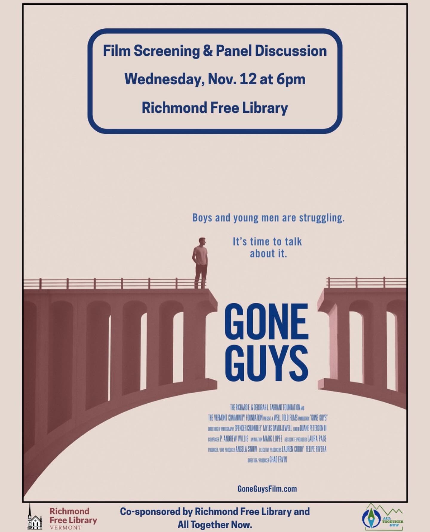 ATN and @richmondvtlibrary are hosting a film screening of Gone Guys. We hope to facilitate conversations around men&rsquo;s mental health. Join us on November 12 at 6pm!