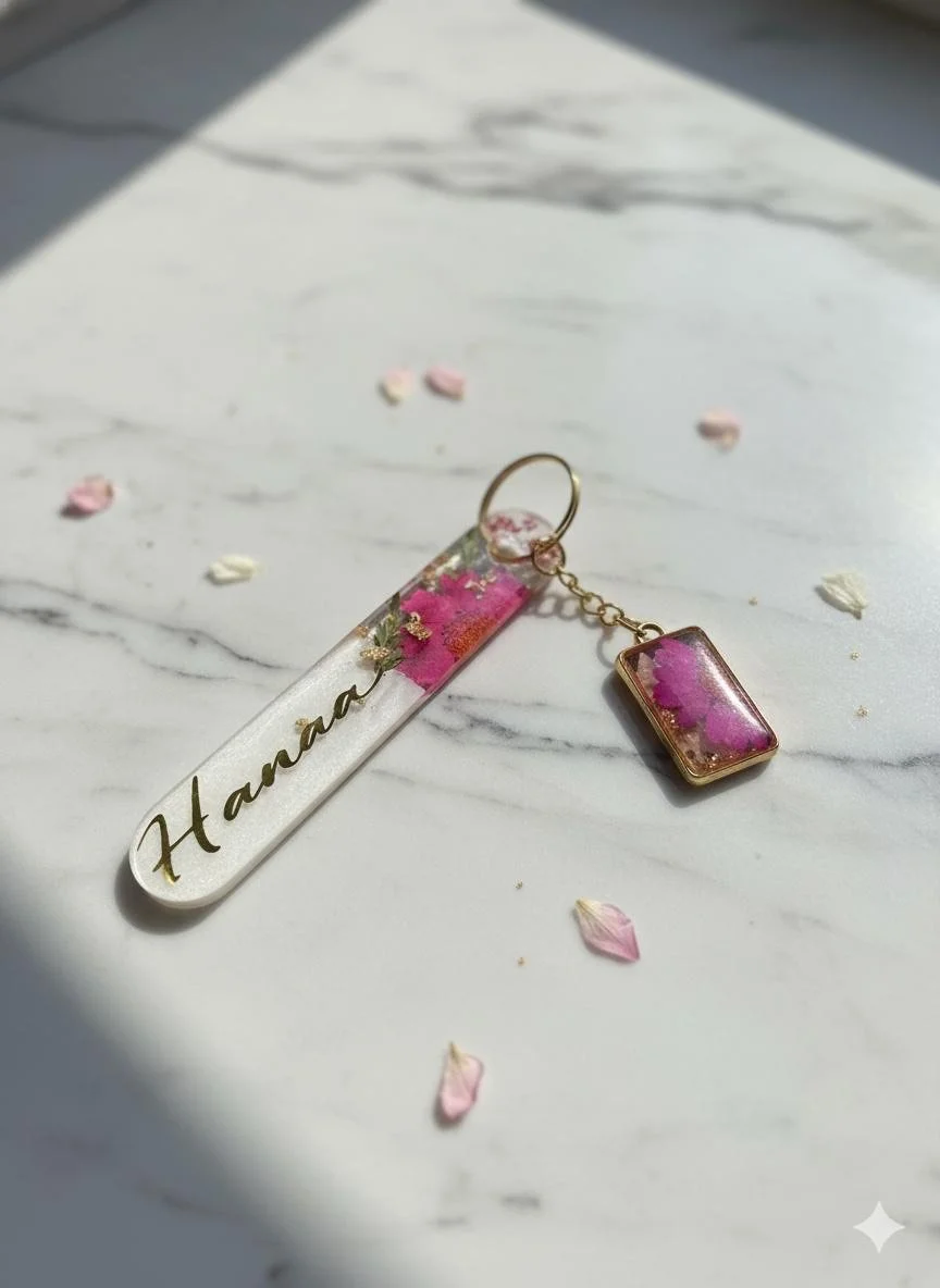 Une clé avec une breloque en résine contenant des fleurs roses, posée sur une surface blanche marbrée avec des pétales de fleurs rose pâle autour.