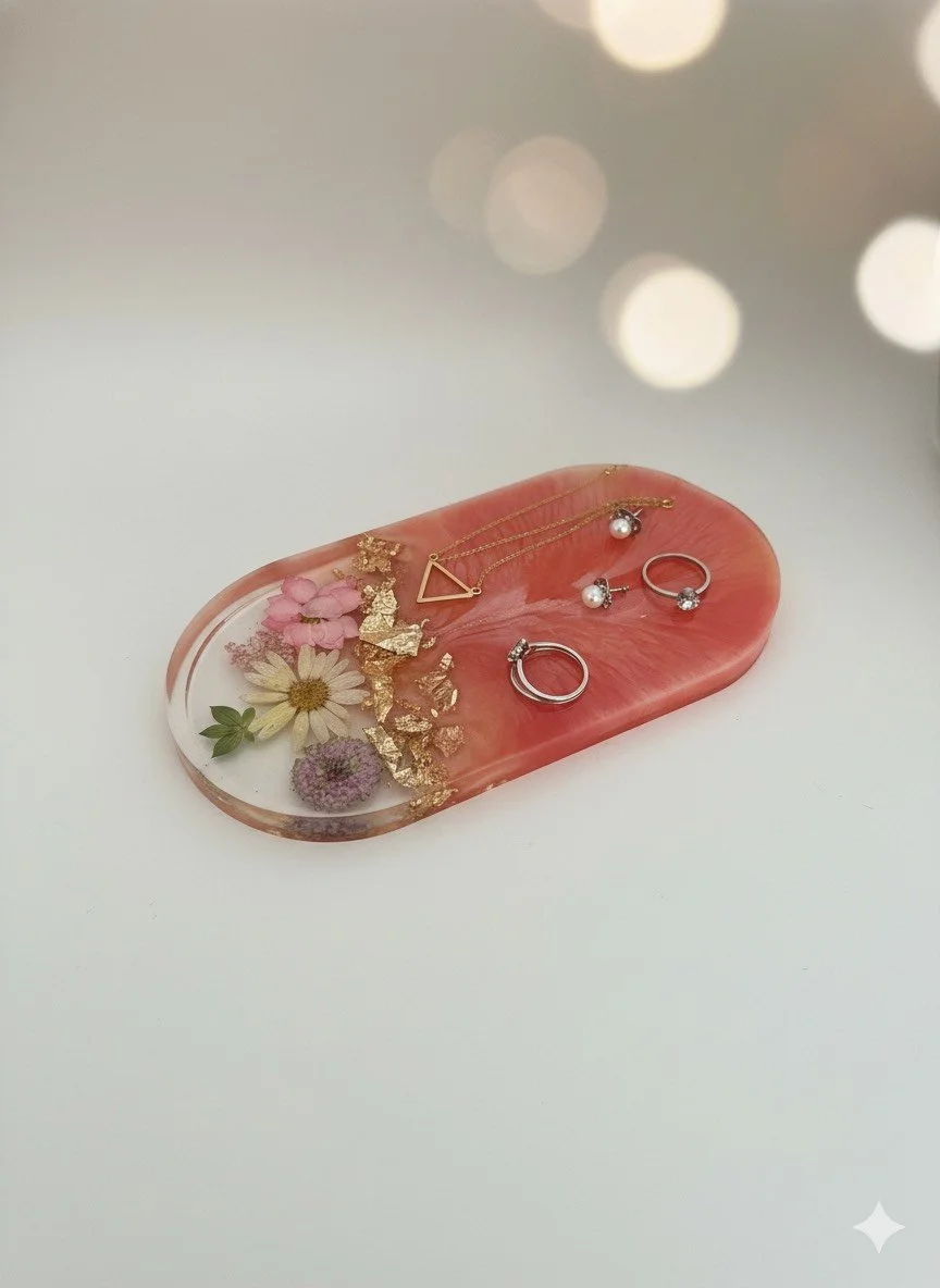 Des bijoux, comprenant un collier, une bague et des boucles d'oreilles, sont disposés sur une plaque en résine rose avec des fleurs séchées et des feuilles.