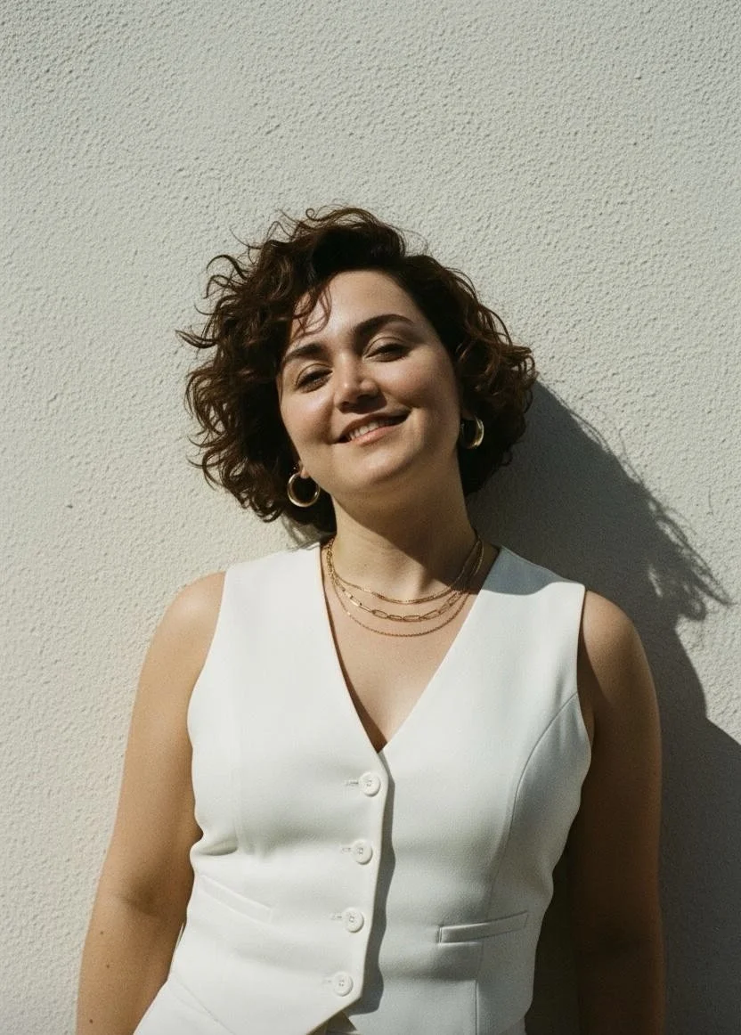 Jeune femme souriante avec des cheveux bouclés courts, portant un haut blanc sans manches avec boutons, des boucles d'oreilles en or, et plusieurs colliers dorés, se tenant contre un mur clair.