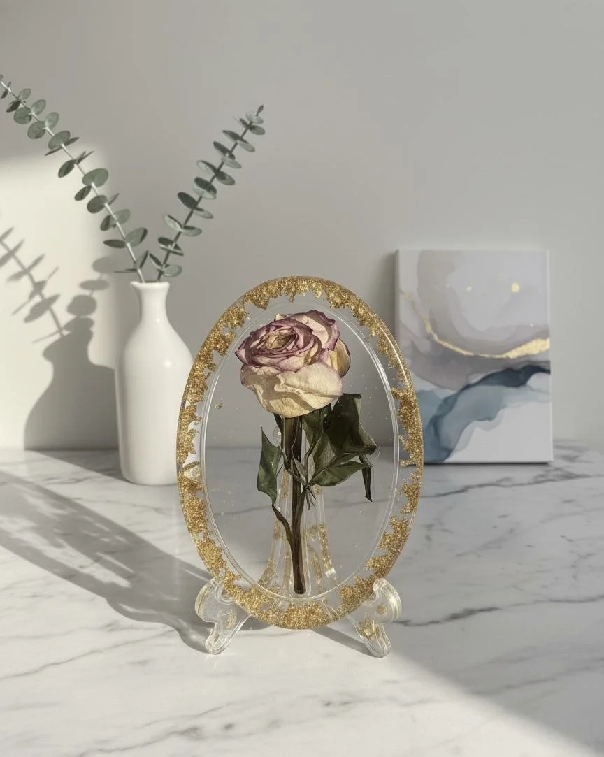Une rose séchée dans un cadre en verre avec des bords dorés, posé sur une surface en marbre, avec une vase blanche contenant des branches de eucalyptus, et une peinture abstraite en fond.