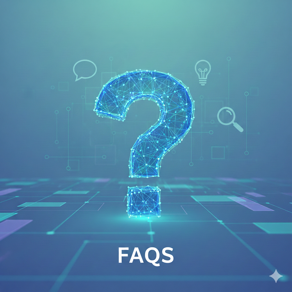 Une image numérique représentant une grande interrogation lumineuse en 3D composée de points et de lignes bleues, avec des icônes de bulle de dialogue, ampoule, loupe et magnifying glass en arrière-plan. Le mot 'FAQ' est écrit en blanc en bas de l'image.