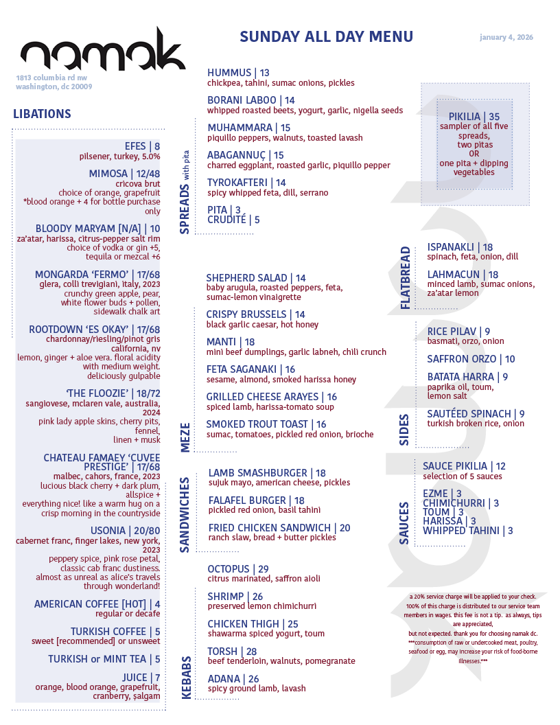 A restaurant menu titled 'Sunday All Day Menu' with various sections including Libations, Spreads with Pita, Flatbread, Meals, Sandwiches, Kabobs, Sides, and Sauces. It lists items such as hummus, borani laboo, muhammara, shepherd salad, crispy Brussels, grilled cheese, lamb smashburger, fried chicken sandwich, octopus, shrimp, chicken thigh, and different dips and sauces in a clean, organized layout.