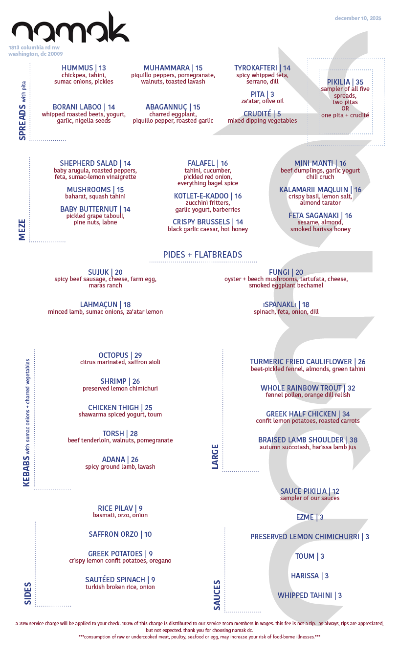 A restaurant menu for Namak, listing various dishes organized into sections: Spreads, Meze, Pides + Flatbreads, Kebabs + Charred Vegetables, Large, Sides, Sauces. It includes items like hummus, muhammara, borani laboo, abaganun, and others with descriptions and prices.