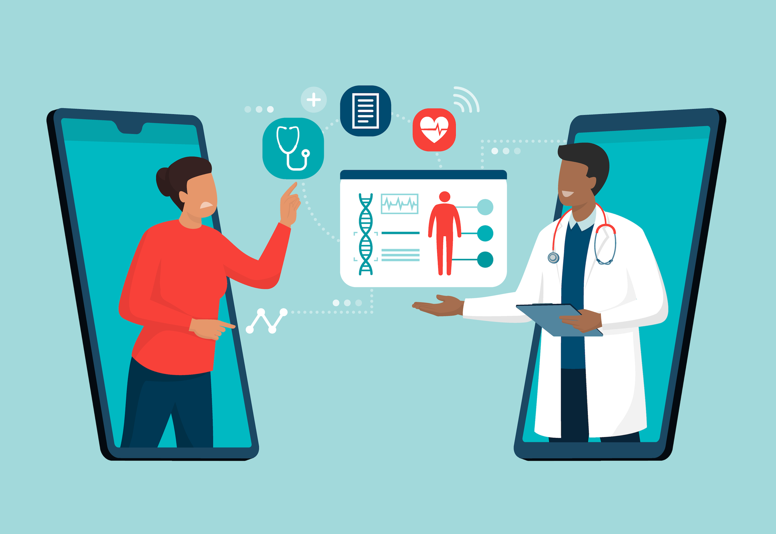 Graphic of two medical professionals discussing a patient’s health chart and personalized treatment plan.
