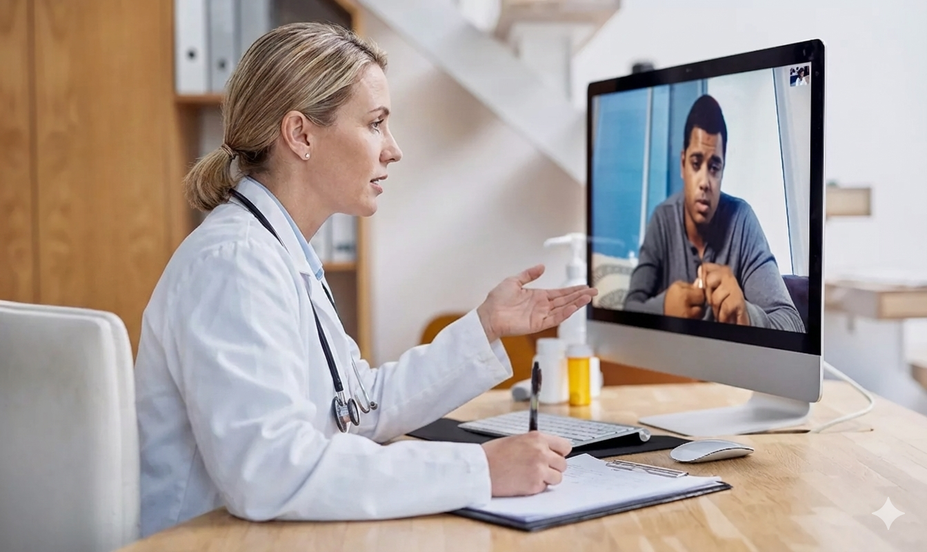 A female healthcare provider in a white coat conducting a telehealth consultation on a computer screen with a male patient.
