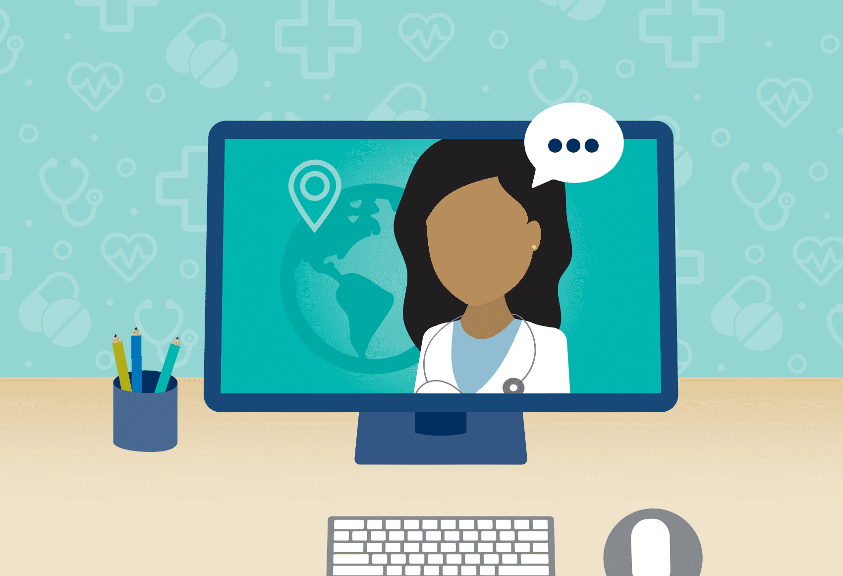 Graphic of a healthcare provider on a monitor with a secure speech bubble icon, representing a private telehealth session.