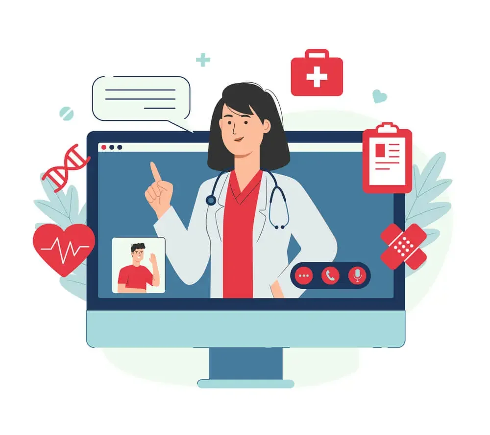 Illustration of a female doctor on a computer screen surrounded by medical icons representing various health conditions.
